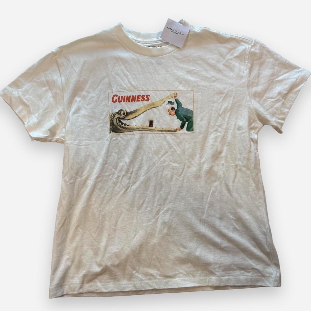 American Eagle Guinness Graphic T-Shirt Shrunken Fit Cream XS NEW